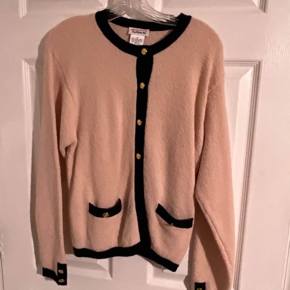 Talbots Medium Pink Cardigan Sweater With Black Trim & Gold‎ Button Details